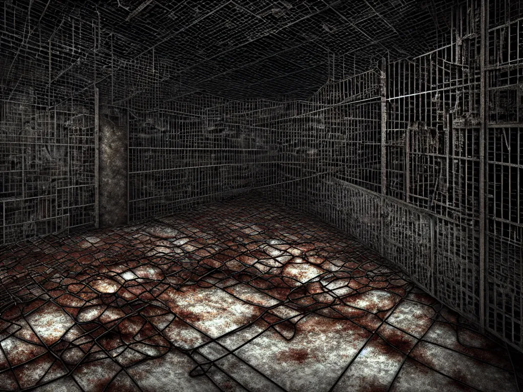 Prompt: An underground very dark gloomy macabre multi-layered structure of rusty thick iron grids, dense chain-link fencing and peeling walls with multiple floors. Inside view, collapsed floors, bent rusted iron, masterpiece, black background, layers, corners, cinematic, hyperdetailed, photorealistic, hyperrealism, octane render, 8k, depth of field, bokeh, architecture, SSAO, HBAO, shadows, art by Zdzisław Beksiński, Arthur Rackham, Dariusz Zawadzki