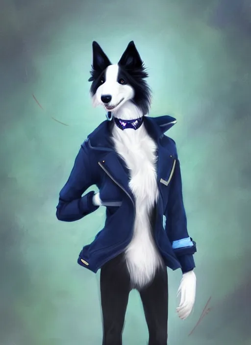 Image similar to full body digital painting of a cute male anthropomorphic border collie fursona wearing a blue dog collar and black jacket and standing outside, furaffinity, intricate, elegant, beautiful, realistic proportions, highly detailed, scenic background, trending on artstation, art by charlie bowater and henry asencio and and ross tran