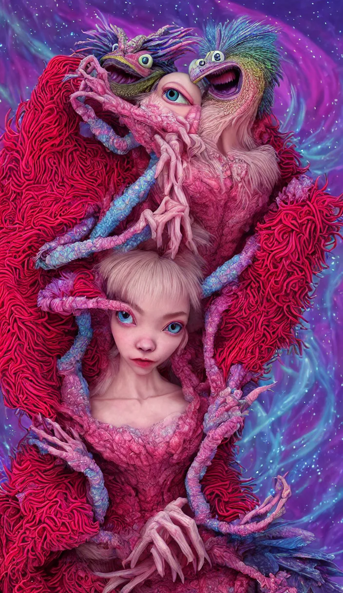 Image similar to hyper detailed 3d render like a Oil painting - kawaii portrait of two Aurora (a beautiful skeksis muppet fae princess protective playful from dark crystal that looks like Anya Taylor-Joy) seen red carpet photoshoot in UVIVF posing in scaly dress to Eat of the Strangling network of yellowcake aerochrome and milky Fruit and His delicate Hands hold of gossamer polyp blossoms bring iridescent fungal flowers whose spores black the foolish stars by Jacek Yerka, Ilya Kuvshinov, Mariusz Lewandowski, Houdini algorithmic generative render, Abstract brush strokes, Masterpiece, Edward Hopper and James Gilleard, Zdzislaw Beksinski, Mark Ryden, Wolfgang Lettl, hints of Yayoi Kasuma and Dr. Seuss, octane render, 8k