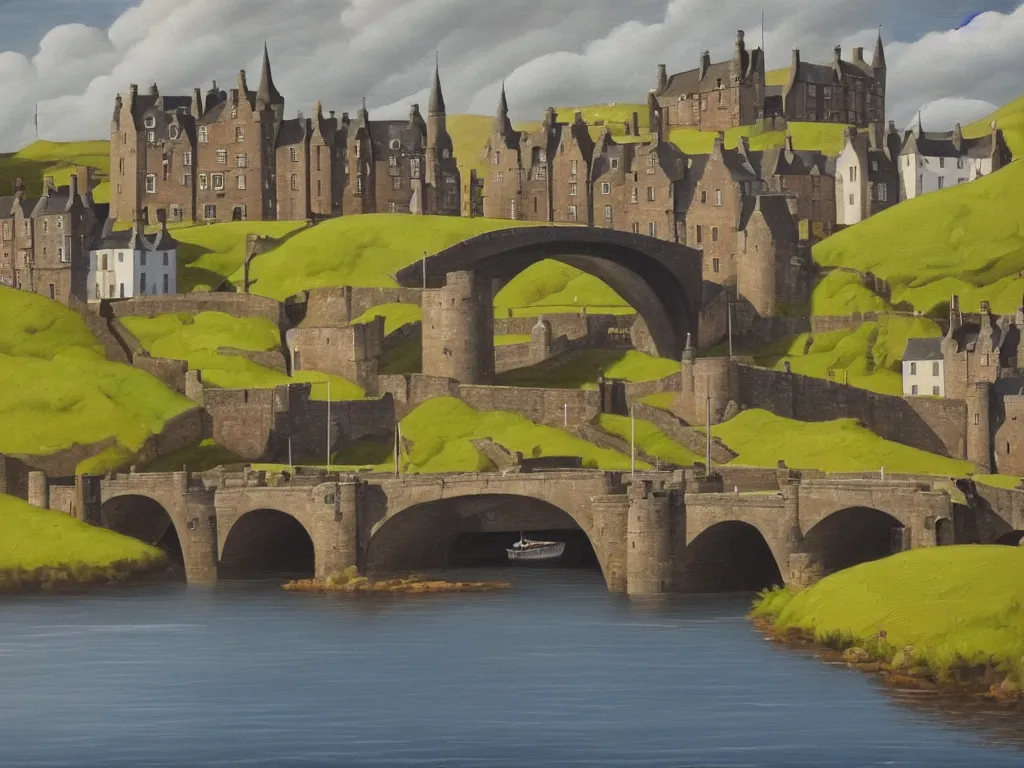 Image similar to A detailed oil painting of a beautiful Scotland town, castle, bridge, loch, in the style of Michiel Schrijver, isometric