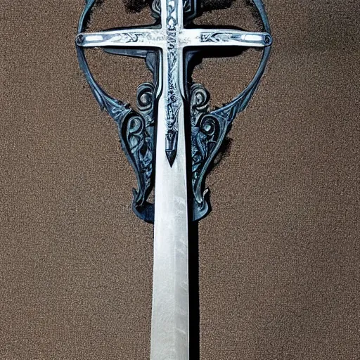 Image similar to bluestone flamberge, a huge two-handed sword with a wavy blade and large cross guard, nearly six feet long. It has a faint blue sheen, and radiates a sense of unease. The style and decoration of the sword would place it at approximately 300 years old, but the alloy is highly unusual.