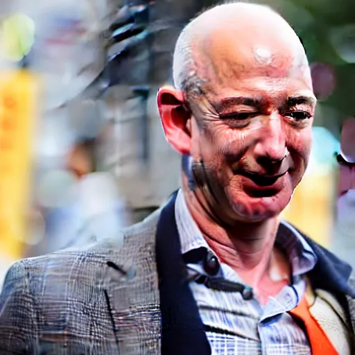 Image similar to homeless jeff bezos begging for food, highly detailed, photograph