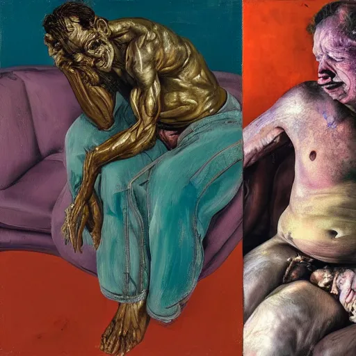 Prompt: high quality high detail painting of a man in agony by lucian freud and jenny saville and francis bacon and malcom liepke and nicola samori, hd, anxiety, seated with friend in a living room crying and screaming, turquoise and purple and orange and pink, dark atmosphere
