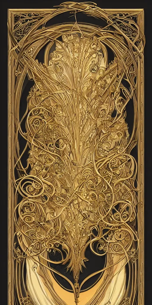 Image similar to an intricate art nouveau edges frame, with golden entertwined edges and empty black center, highly detailed, artstation, concept art, matte, sharp focus,