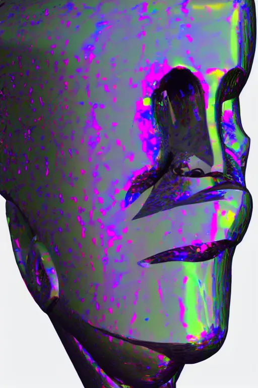 Image similar to 3d render of holographic angry human robotic screaming angry bust made of glossy iridescent, screaming, bust, surrealistic 3d illustration of a human non-binary, non binary model, 3d model human, cryengine, made of holographic texture, holographic material, holographic rainbow, concept of cyborg and artificial intelligence