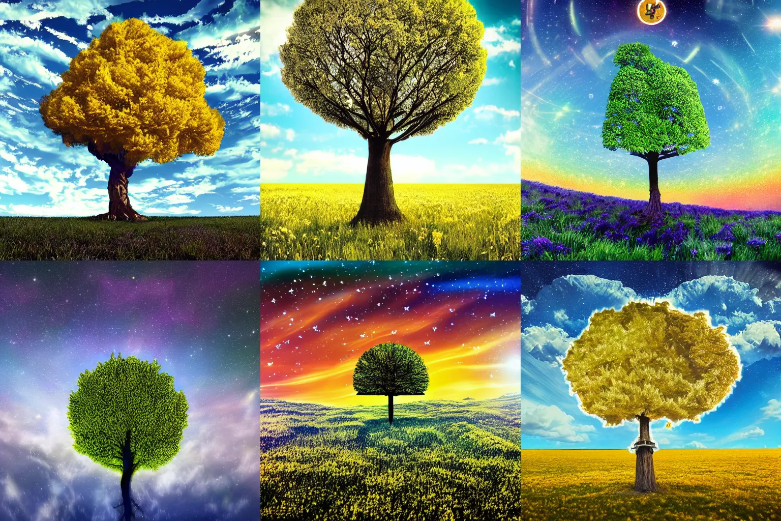 Prompt: Scifi digital bitcoin tree in painted Meadow With beautiful sky above