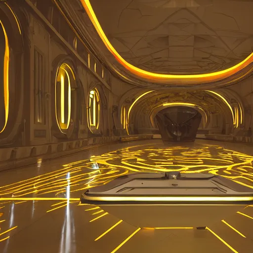 Image similar to a spaceship beaming a light underneath, lasers all over the scene, strobe lights, golden floor, lavish, luxurious, marble walls, cinematic, hyper realism, high detail, octane render, 8 k