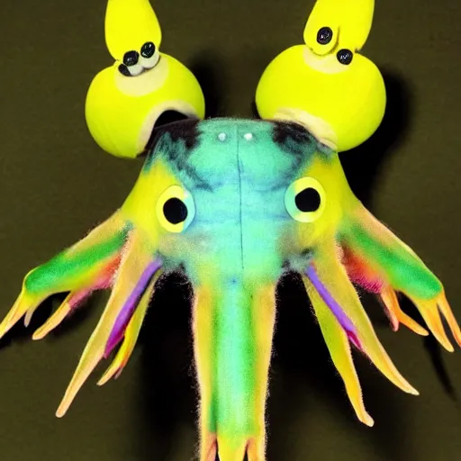 Image similar to a humanoid stop motion rosy maple moth squid hybrid puppet designed by tim burton