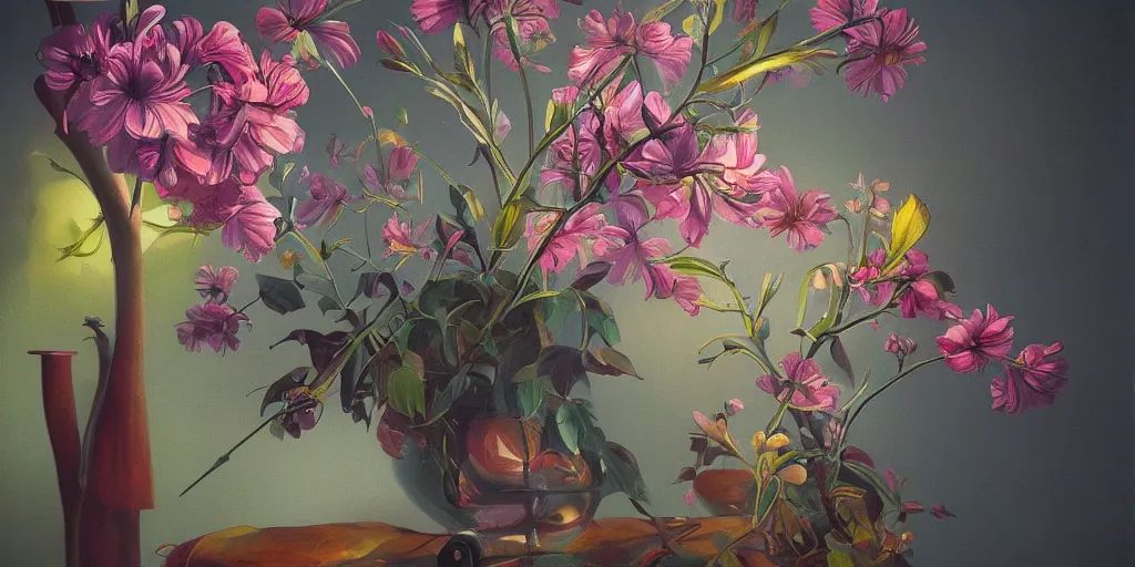 Image similar to retro painting of surreal waiim flowers, by anatol petrytsky, highly detailed, hyperrealism, excellent composition, cinematic concept art, dramatic lighting, trending on artstation