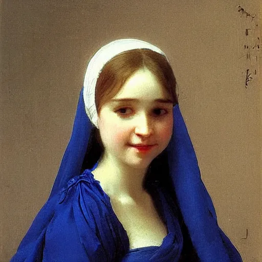 Image similar to a young woman’s face, she is gently smiling, her hair is white, she wears a long flowing blue satin veil, by ivan aivazovsky and and pieter claesz and paul delaroche and alma tadema and august malmstrom and and willen claesz heda and aelbert cuyp and gerard ter borch and isaac levitan, hyperrealistic, rendered in octane