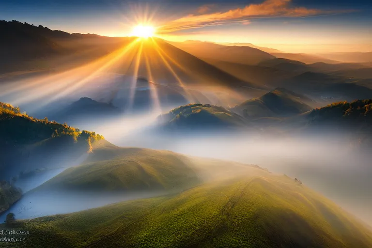 Prompt: landscape photography of fundatura ponorului by marc adamus, morning, mist, rays of light, beautiful