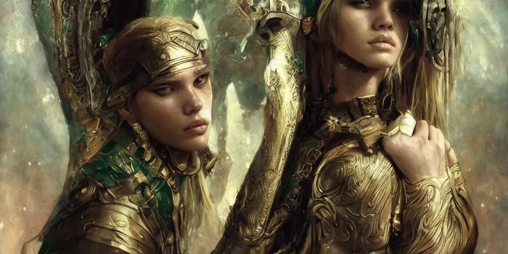 Prompt: epic masterpiece portrait of warrior played by sasha luss, followed by head with many souls, beautiful face and flawless skin, perfect hands, emeralds by Edgar Maxence and Ross Tran and Michael Whelan