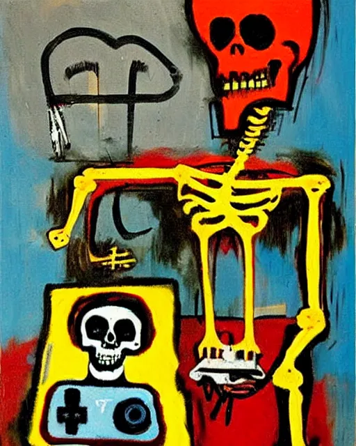 Image similar to oil neo expressionism painting of skull skeleton playing video games by basquiat and norman rockwell