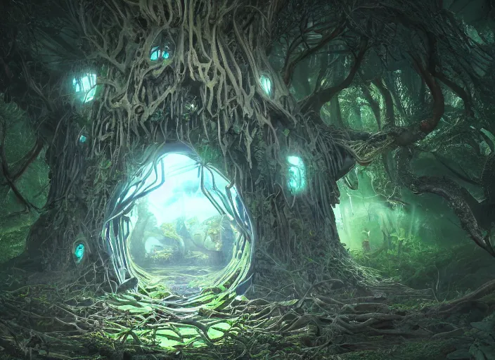 Prompt: portal inside of a humongous tree on a luminescent crystalline alien biome, spooky, intricate details, fantasy, hyper realism, art, smooth, beautiful art, masterpiece, landscape, cinematic, wet reflections, ray tracing x, rtx, smooth