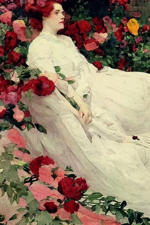 Prompt: european woman in a gown laying on couch surrounded by colorful flowers, bloom flowers, modern, eclectic, illustration, by ramon casas