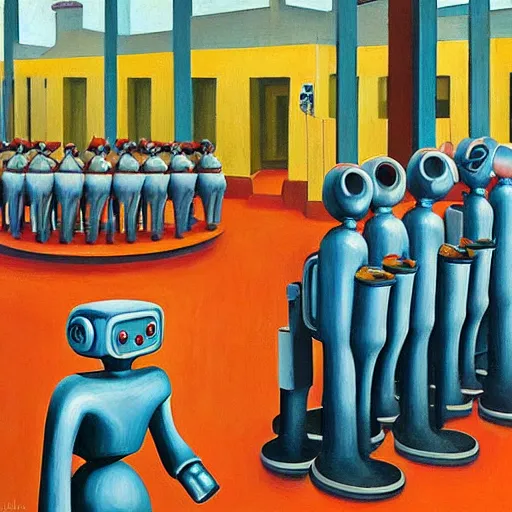 Image similar to robots queue up to eat ice cream, grant wood, pj crook, edward hopper, oil on canvas