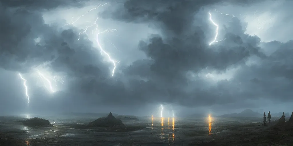 Prompt: lightning strikes at dawn, by Andreas Rocha + Ted Nasmith, dark, cinematic lighting, masterpiece, highly detailed, 8k resolution, trending on art station