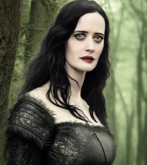 Image similar to 5 5 mm close up portrait photo of eva green as yennefer of vengerberg in black leather armor and long black fluff hair, in a forest. magical atmosphere. art by greg rutkowski. lifelike. very detailed 8 k. intricate. soft light. nikon d 8 5 0.