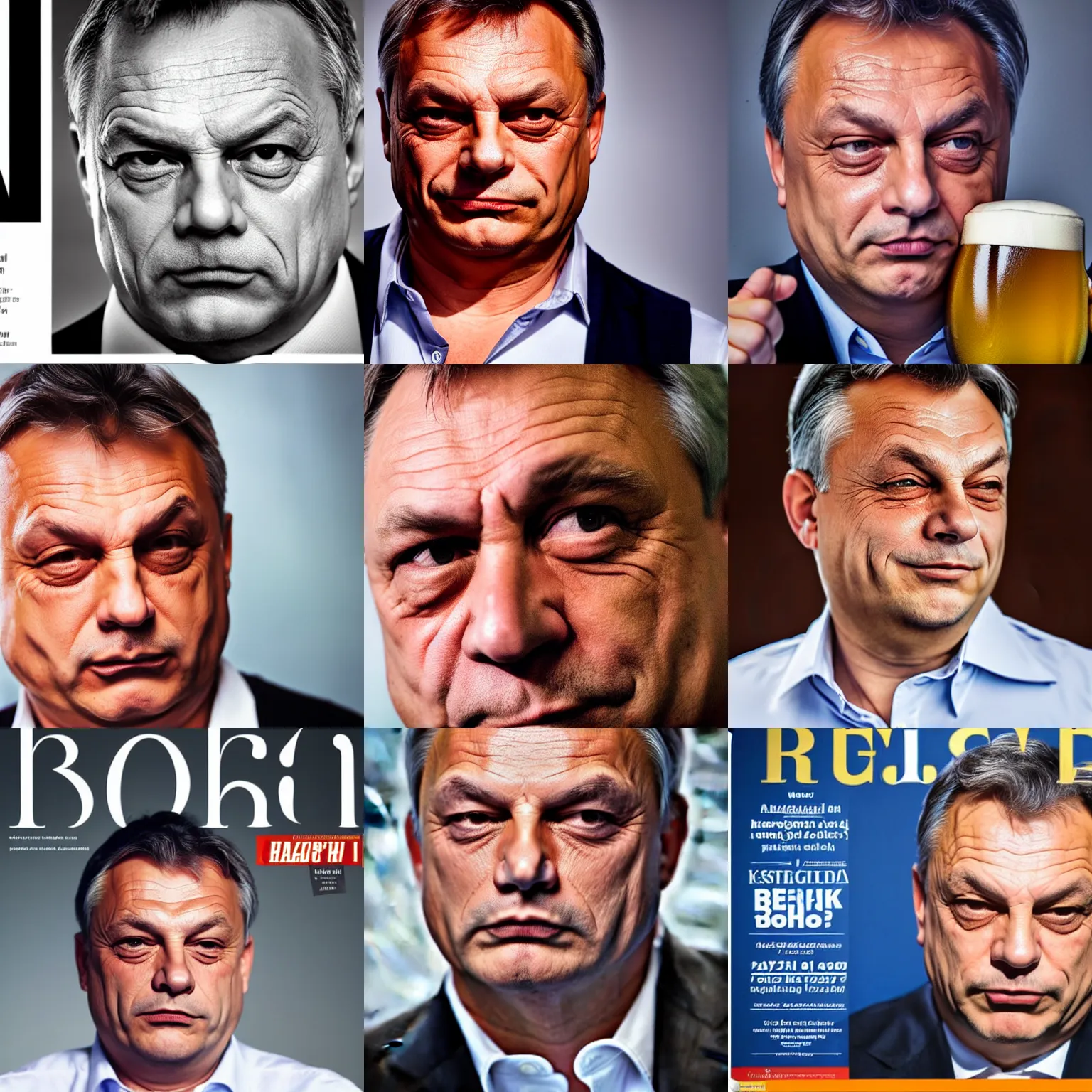 Prompt: headshot magazine cover photo of viktor orban winking with beer, close - up on face, detailed eyes, furrowed eyebrows, studio lighting