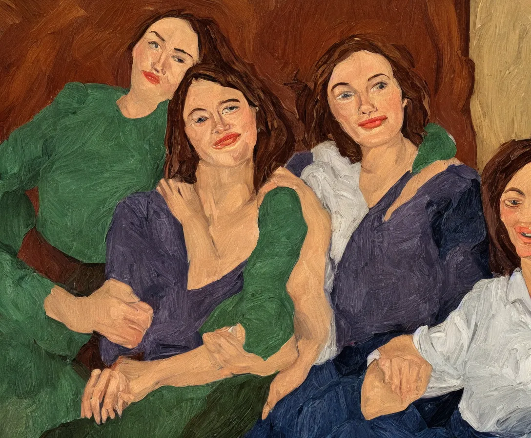 Image similar to close up portrait of pretty bella and esther with brown hair lying horizontal next to each other, in an old english apartment on a brown leather sofa. one is wearing a dark blue sweather, the other a white shirt. close up. in the style of lucien freud. oil painting. green light. thick colorful brush strokes. smiling