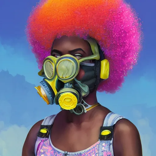 Image similar to a young black girl with colorful afro puffs wearing a gas mask in a field of flowers, Apex Legends character, digital illustration portrait design, by amanda sage and adi granov, retrowave color scheme, detailed, cinematic lighting, wide angle action dynamic portrait