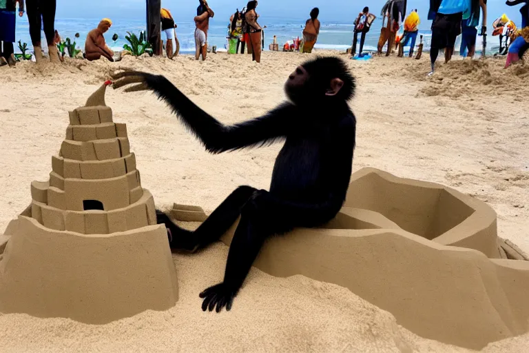 Image similar to a monkey touching a completed sand castle