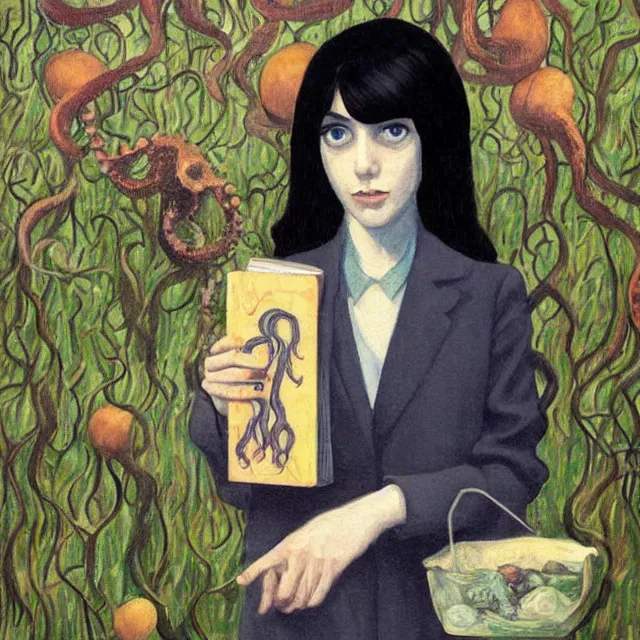 Image similar to tall emo girl artist holding an octopus, in a flooded art gallery, books, small portraits, gourds, berries, vines, pigs, acrylic on canvas, surrealist, by magritte and monet