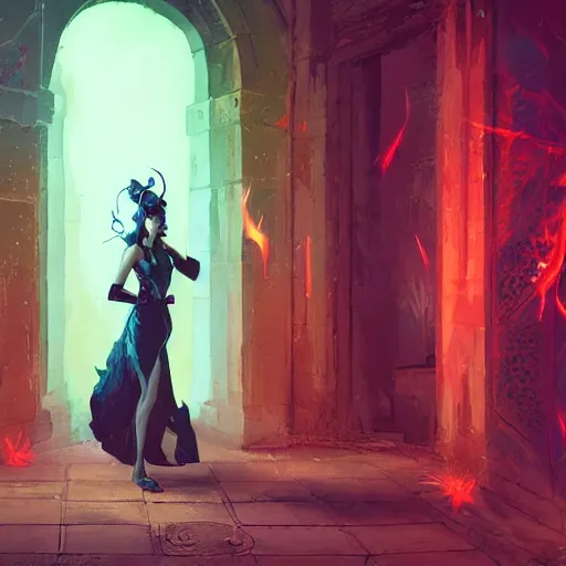 Prompt: A female tiefling, stepping through a portal from another dimension into a palace courtyard, neon flames, dramatic lighting, fantasy art by Greg Rutkowski