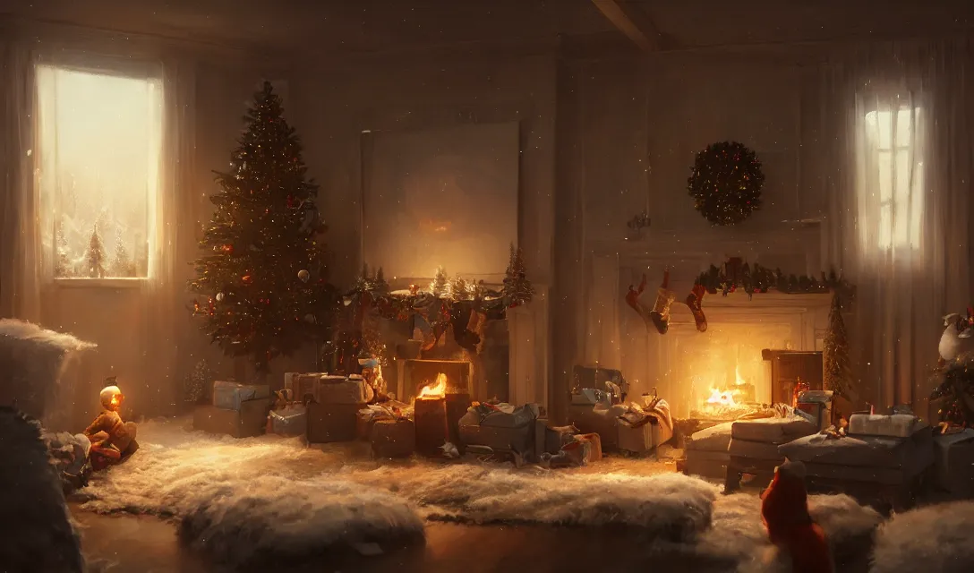 Image similar to a christmas eve photorealistic painting, cozy home, interior, sci - fi, wlop, concept art, octane render, deviantart, greg rutkowski, cinematic, key art, hyperrealism