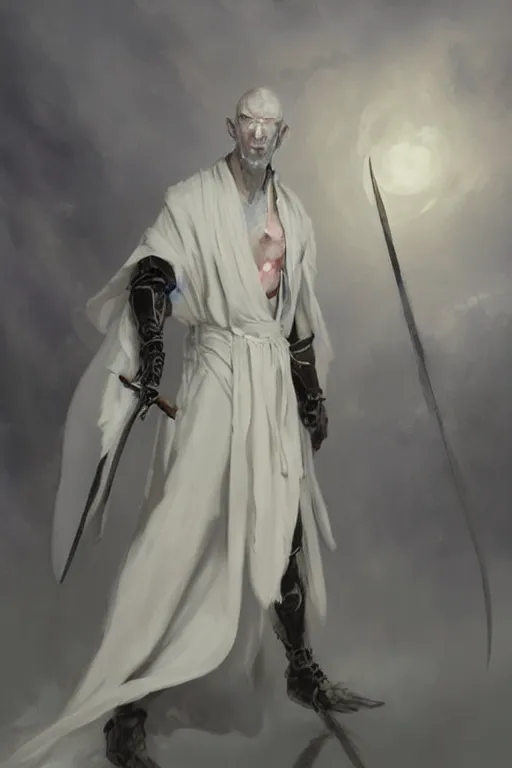 Image similar to fantasy painting of a pale man dressed in robes with a black blade, painted by Bayard Wu, ultra detailed, 8k