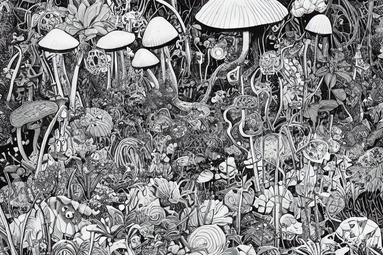 Prompt: surreal line art by sam bosma!, a lot of jungle flowers and plants + poison toxic mushrooms surrounded by cables + long grass + broken droid + garden dwarf + mystic fog, 7 0's vintage sci - fi style, rule of third!!!!, line art, 8 k, super detailed, high quality