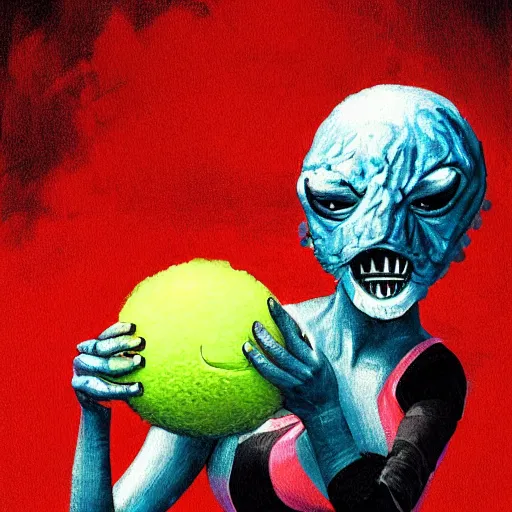 Prompt: a female tennis ball monster, digital art, fantasy, magic, trending on artstation, ultra detailed, professional illustration by Basil Gogos