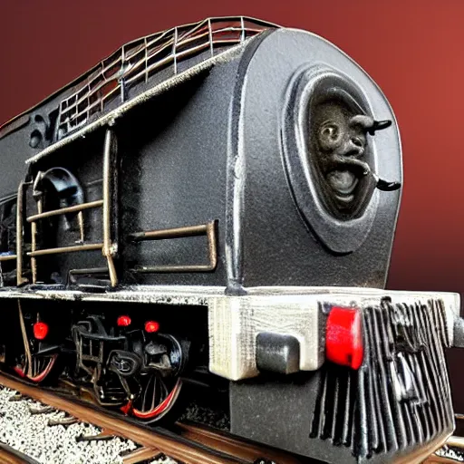 Image similar to locomotive from front view. black metal. nightmarish, horrific, scary, cowcatcher