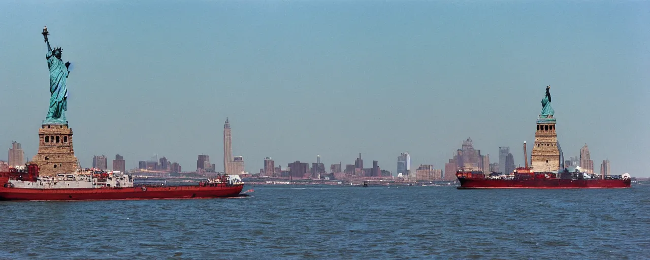 Image similar to a large ship transporting spaghetti in hudson river, background of the statute of liberty, canon 5 0 mm, photography, film, kodachrome