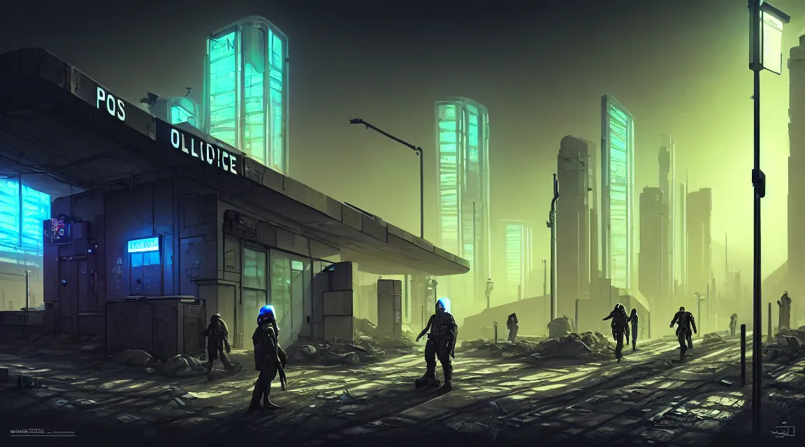 Image similar to post - apocalyptic police station, building, paved roads, sci - fi art, highly detailed photography, trending on artstation, hyperrealistic, human silhouettes, cyberpunk, environment artist, dystopian, science fiction, synthwave neon retro, concrete, vivid colors