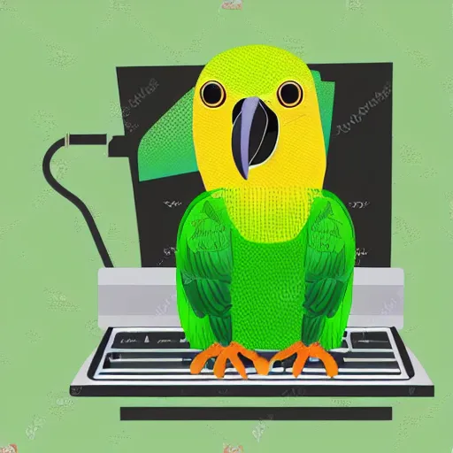 Prompt: vector of cute green parrot as a call center attendant behind desk