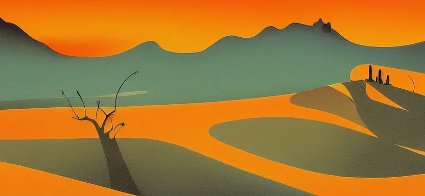 Image similar to a disney desert, painting by Eyvind Earle