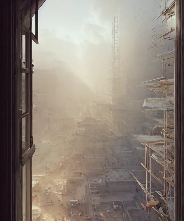 Prompt: view from a window frame of a construction site by charlie bowater and anna dittmann and artgerm and clemens ascher, intricate, elegant, beige mist, highly detailed, dramatic lighting, sharp focus, octane render, trending on artstation, artstationhd, artstationhq, unreal engine, 4 k, 8 k