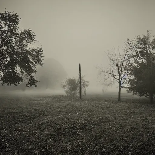 Image similar to poor neighborhood, overgrown, photo taken from a porch, fog rolling along the ground, ethereal, police lights shining off camera