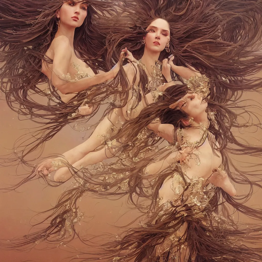 Prompt: goddess dancing in the desert, flowing hair, fantasy, surreal, intricate and very beautiful and elegant, highly detailed, digital painting, trending on artstation, concept art, smooth and sharp focus, illustration, art by tan zi and ayanamikodon and alphonse mucha and wlop