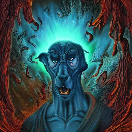 Prompt: photorealistic scooby doo as a demon in the style of michael whelan and gustave dore. hyperdetailed photorealism, 1 0 8 megapixels, amazing depth, glowing rich colors, powerful imagery, psychedelic overtones, 3 d finalrender, 3 d shading, cinematic lighting, artstation concept art