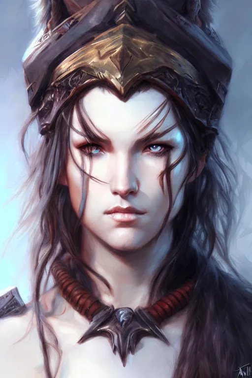 Prompt: head and shoulders portrait of a barbarian, female, high fantasy, dnd, by artgerm, krenz cushart, wlop, luis royo