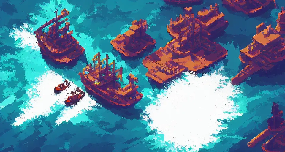 Image similar to Pixelart of a pirates battles in the ocean, volumetric lighting, digital pixel art, pixiv, by Aenami