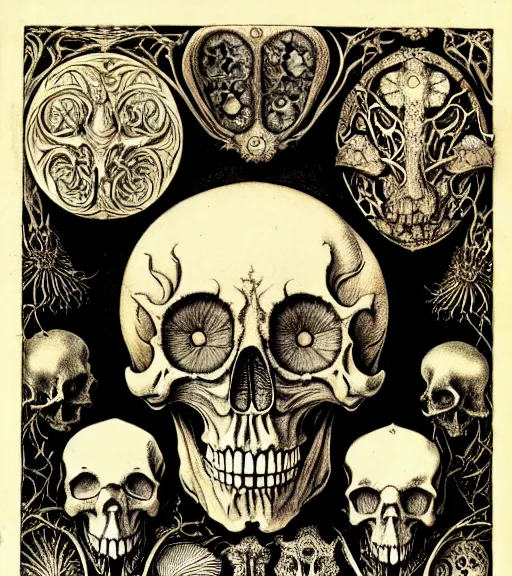 Image similar to memento mori by arthur rackham, art forms of nature by ernst haeckel, exquisitely detailed, art nouveau, gothic, ornately carved beautiful skull dominant, intricately carved antique bone, art nouveau botanicals, ornamental bone carvings, art forms of nature by ernst haeckel, horizontal symmetry, arthur rackham, ernst haeckel, symbolist, visionary