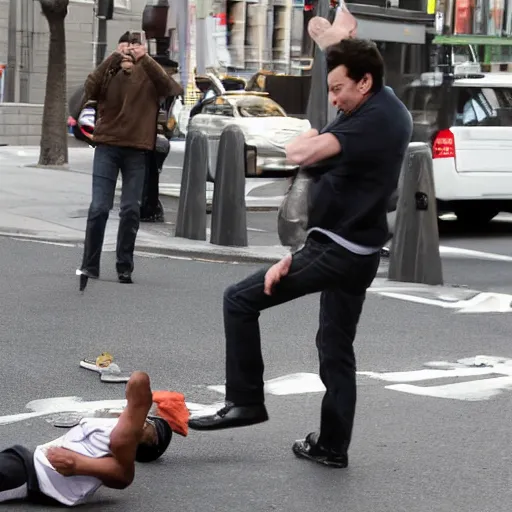 Prompt: paparazzi photo of Jimmy Fallon kicking a homeless person