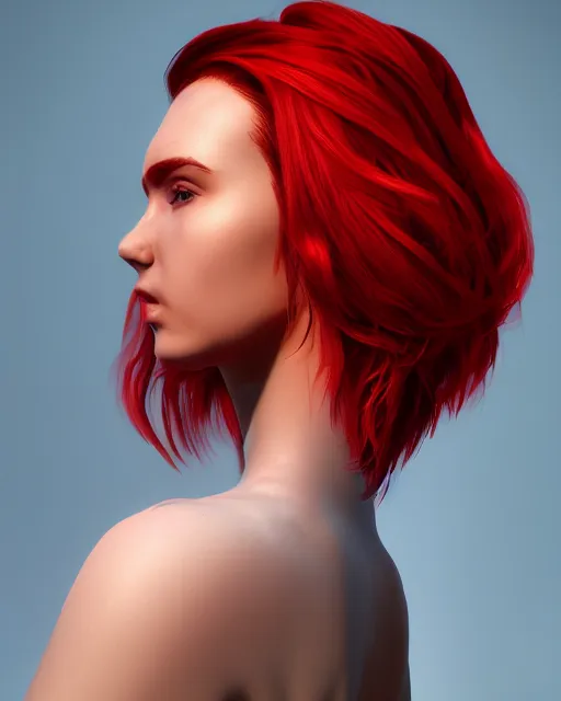 Image similar to a head and shoulder portrait of a beautiful woman with red hair, painted in the colorful style of Kotwdq, trending on Artstation, 8k, photorealistic, hyper detailed, unreal engine