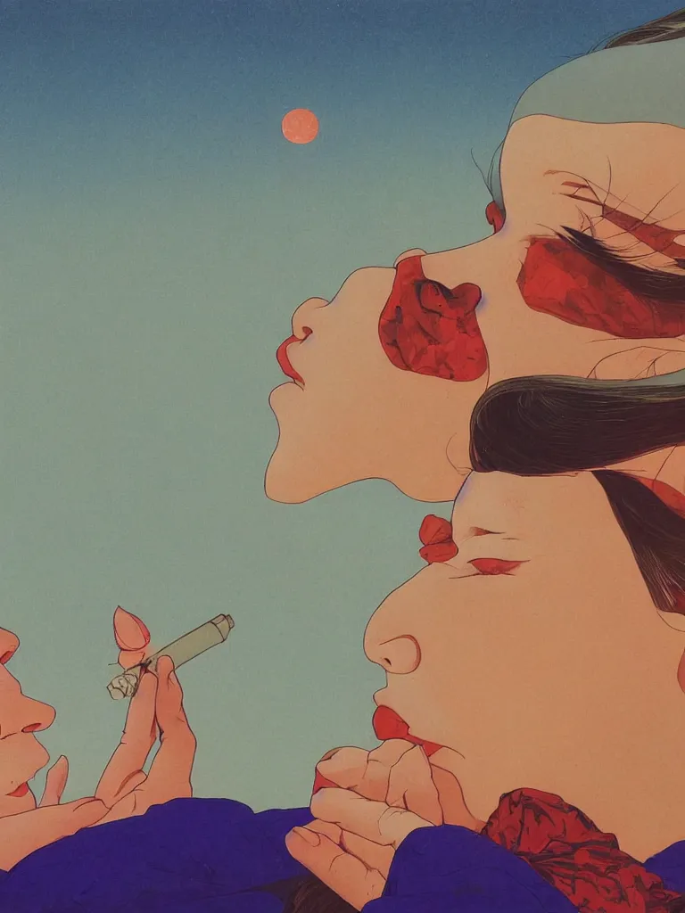 Prompt: a closeup portrait of a young siberian woman sucking a blotter paper of lsd acid and dreaming psychedelic hallucinations in the vast icy landscape of antarctica, by kawase hasui, moebius and edward hopper, colorful flat surreal design, hd, 8 k, artstation