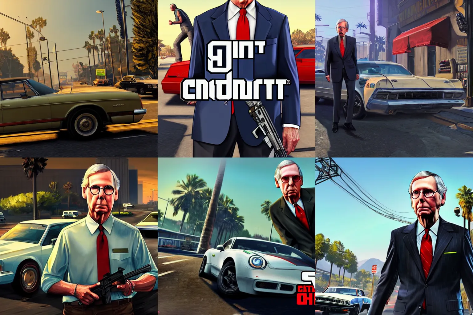 Prompt: mitch mcconnell in Grand Theft Auto 5 cover art, epic, 4k resolution, extremely detailed, very sharp, artstation, digital art, vibrant,