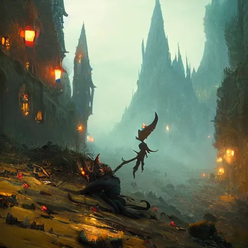 Image similar to goblin attacking an elf from behind, beautiful composition, wide angle, colorful, cinematic, volumetric lighting, intricate details painting, style of greg rutkowski