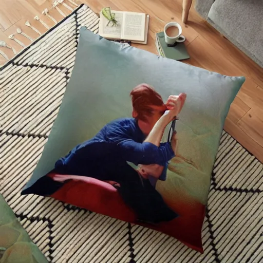 Image similar to person lounging on a pillow reading a book